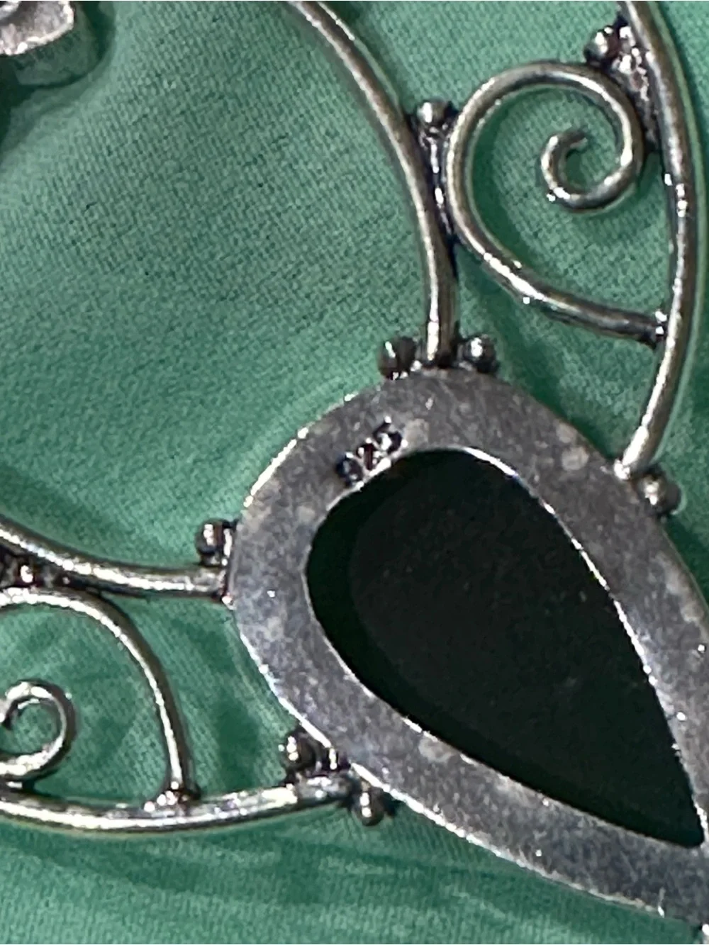 Silver Floral Teardrop Pendant Necklace with Black Stone